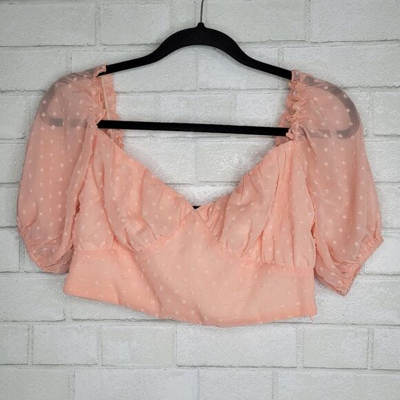 Missguided Peach Swiss Dot Balloon Sleeve Cropped Blouse - Picture 1 of 5